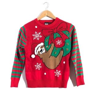 Mad Engine Red Green Gold Sequin Santa Sloth along Sleeve Christmas Sweater M